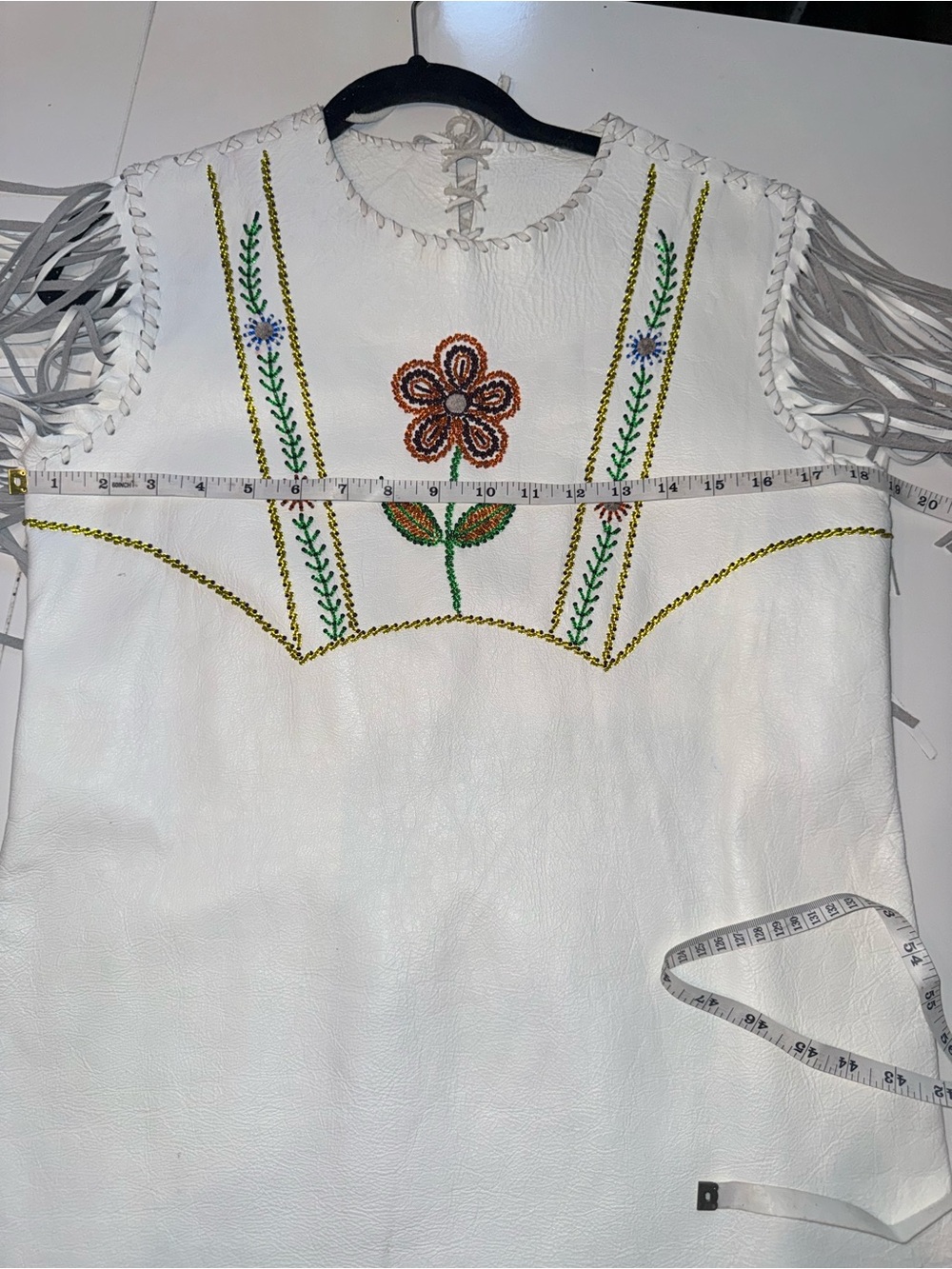 White Fringe Leather Dress with Floral Beadwork Size 10 Native - Picture 11 of 12